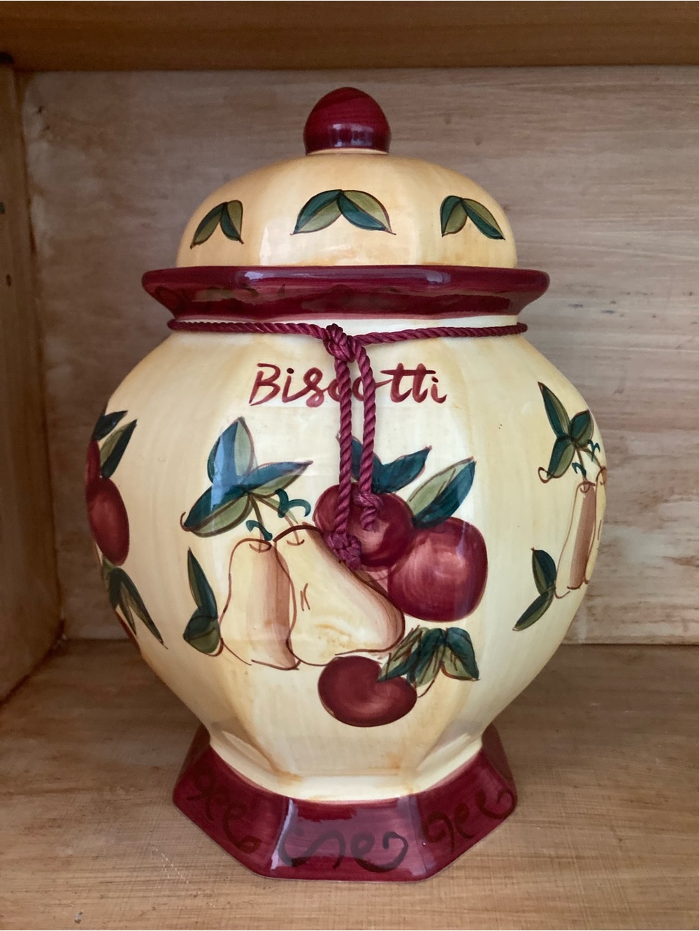 VINTAGE Hand-Painted Cream and Burgundy Made for NONNI’S BISCOTTI JAR